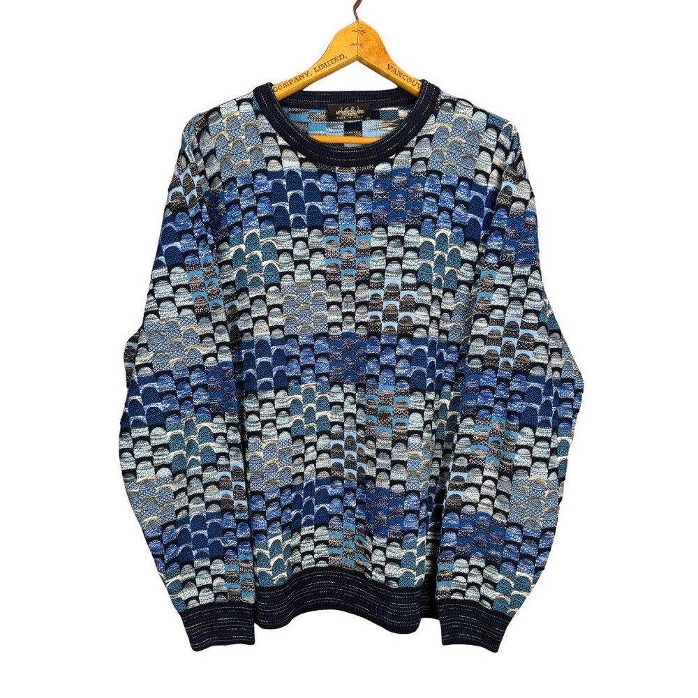 Montechiaro Italy Textured Knit Sweater XL Blue Coogi Style Luxe Streetwear